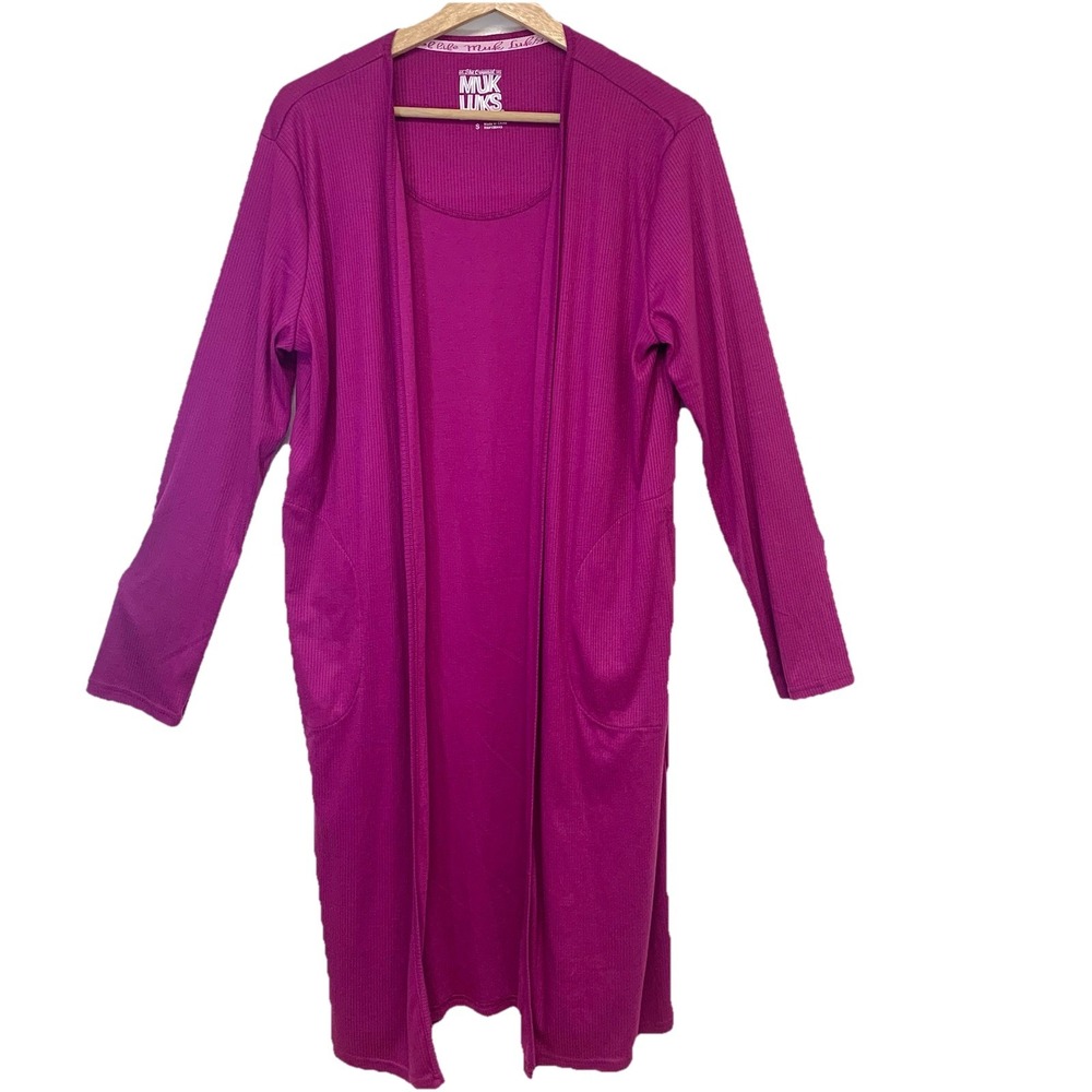 Muk Luks Ribbed Duster Cardigan Magenta Pink Open Front Pockets Woman Small NEW